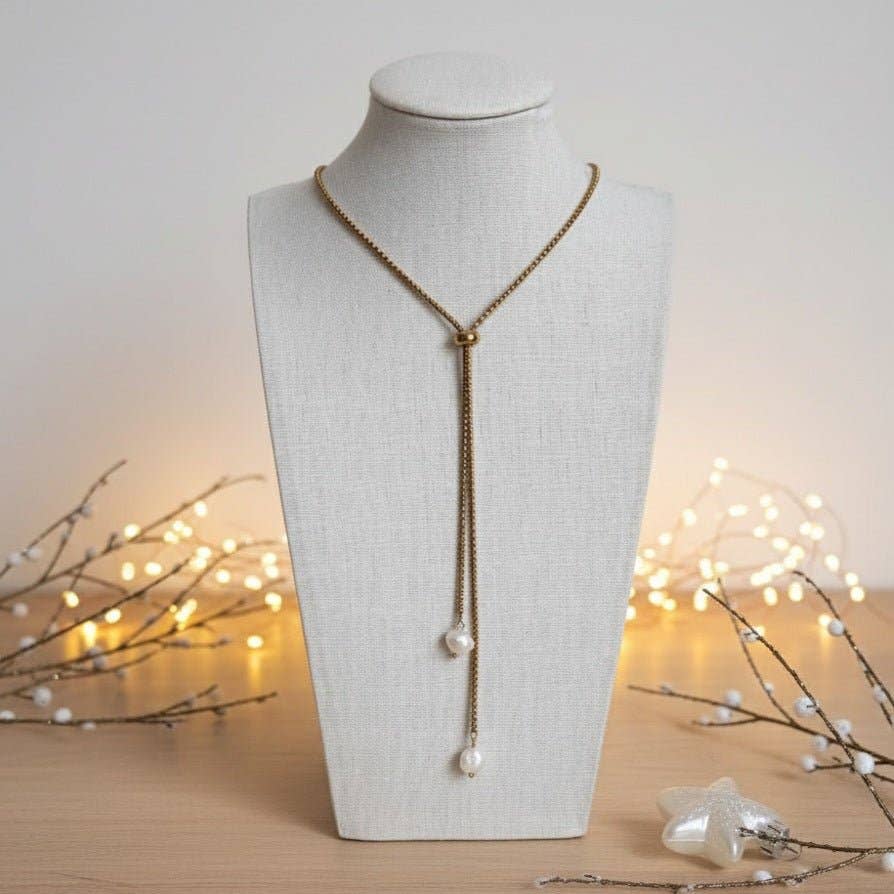 OE! - Wholesale Pendant/Charm Necklace - Serpèlia - 18K Gold Plated Stainless Steel Adjustable Drop Necklace with Natural Pearls - Handmade in Italy1