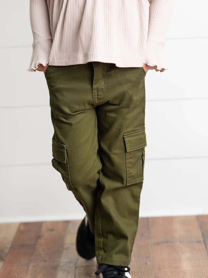 Oopsie Daisy - Wholesale Pants - Kids - Kids Olive Green Denim Cargo Pants With Pockets6