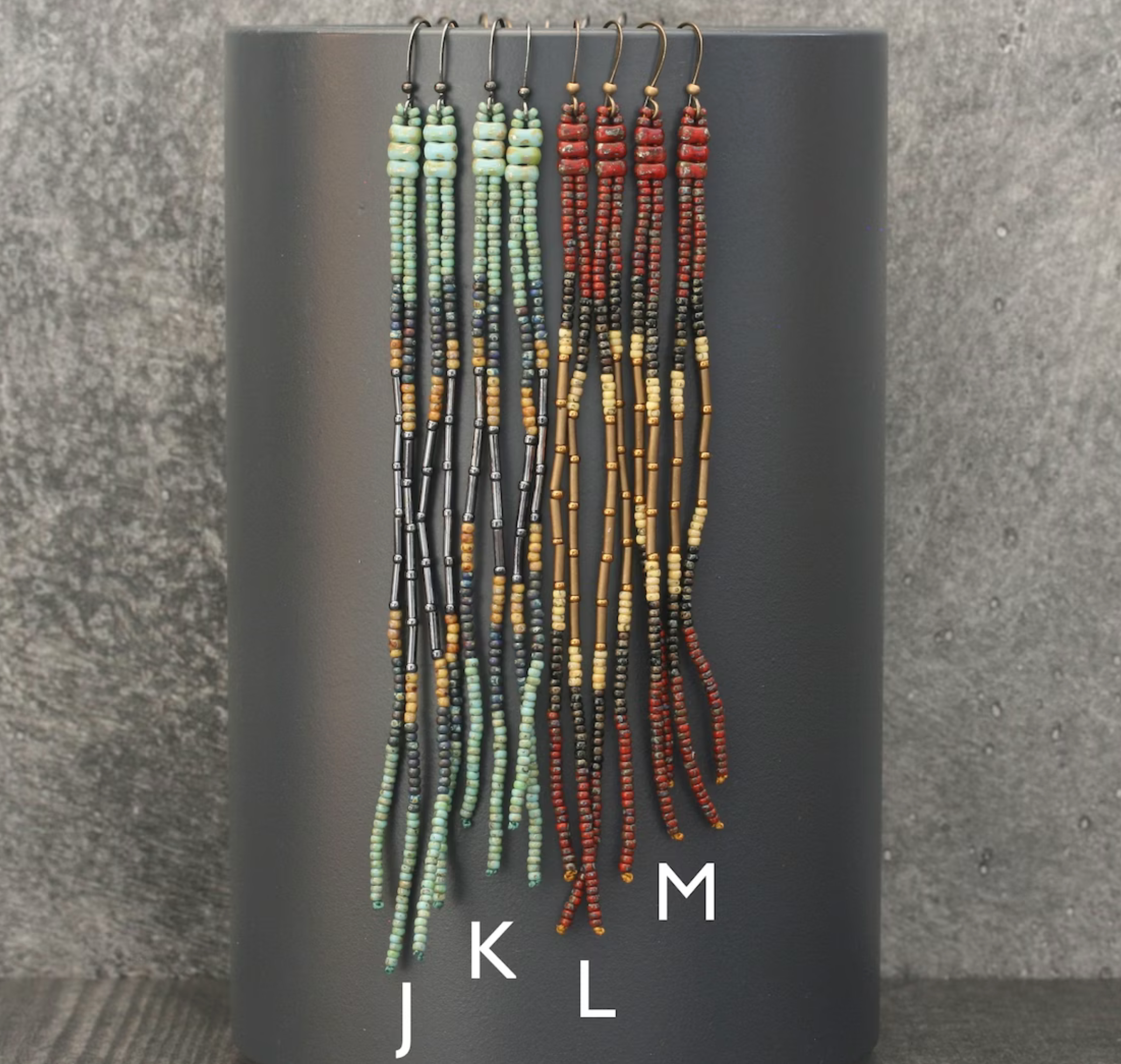 DarcyHorn/BeadWork - Wholesale Tassel Earrings - Long beaded earrings. Picasso seed bead fringe earrings.0