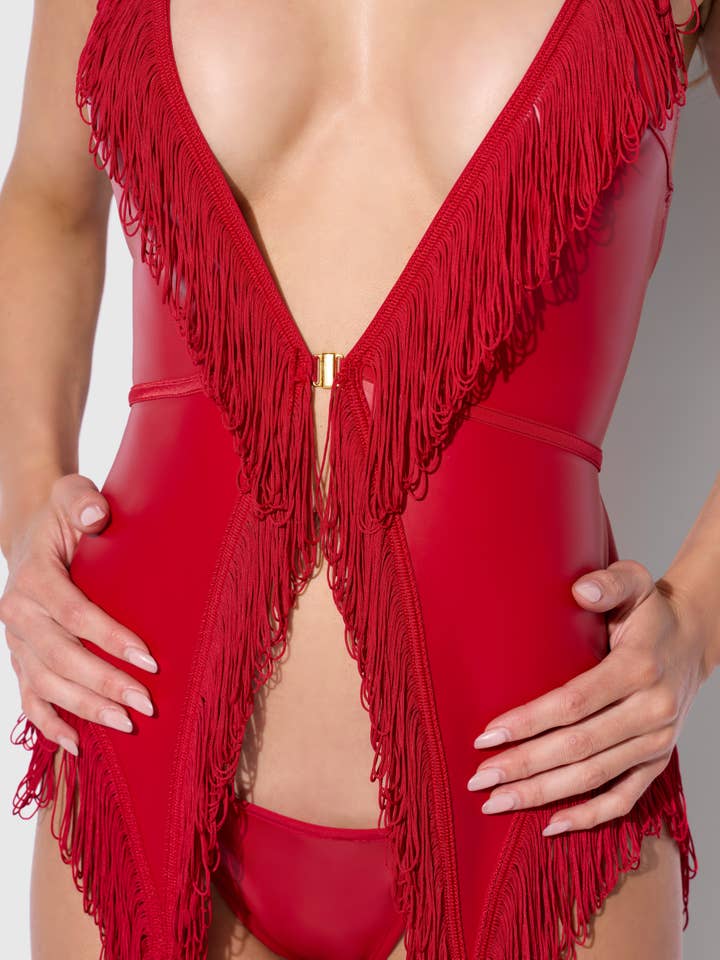 Crimson Red PHOENIX FAUX LEATHER & FRINGE CHEMISE & G-STRING SET for wholesale on Faire1
