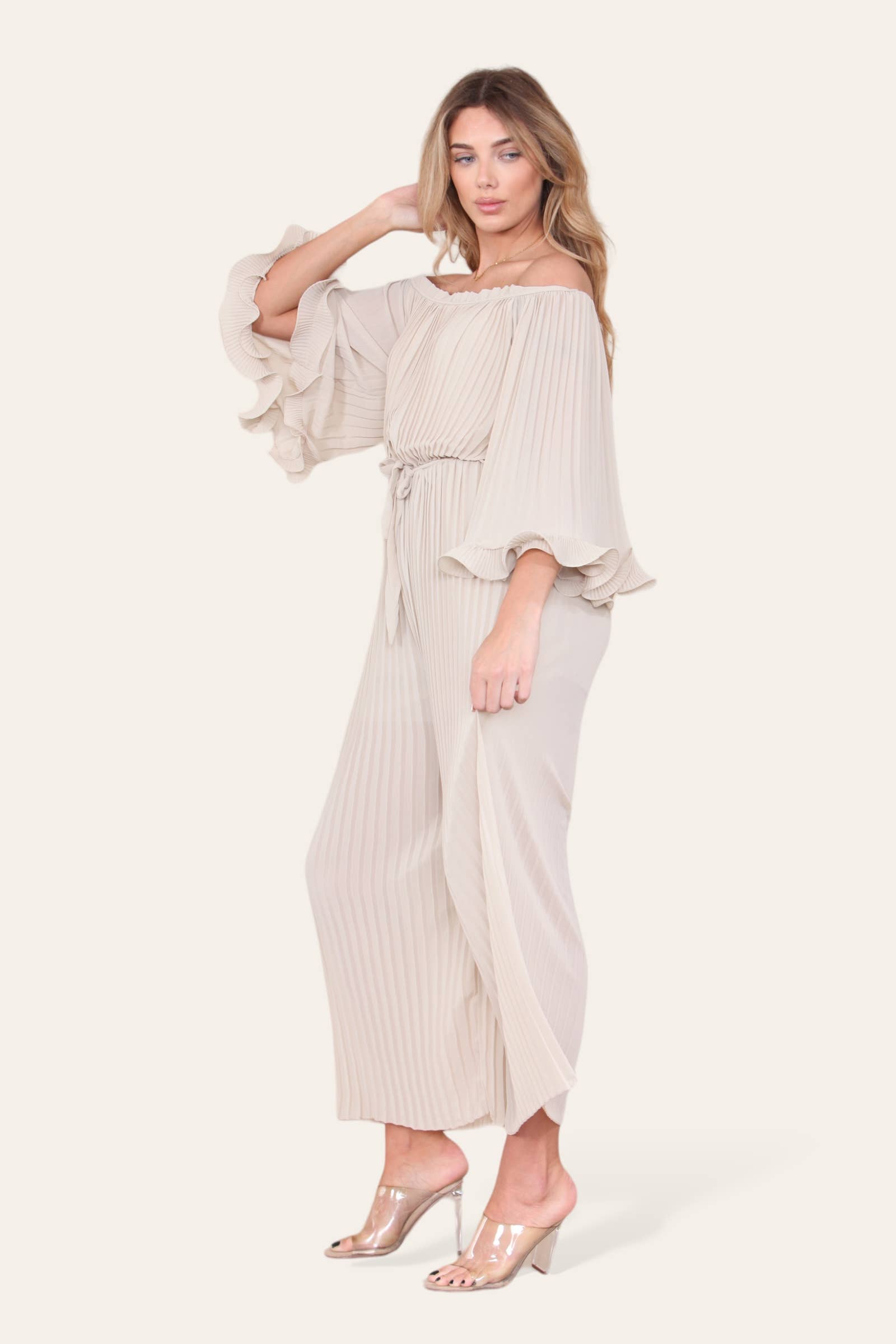 WHITE Sofia Bardot Pleated Frill Jumpsuit for wholesale on Faire24