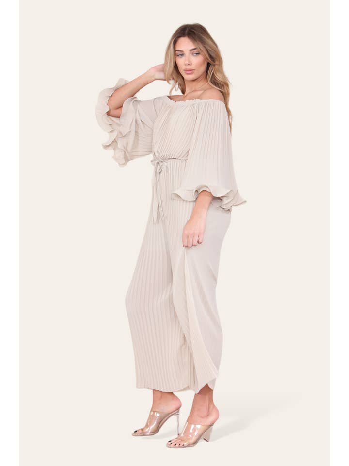WHITE Sofia Bardot Pleated Frill Jumpsuit for wholesale on Faire24