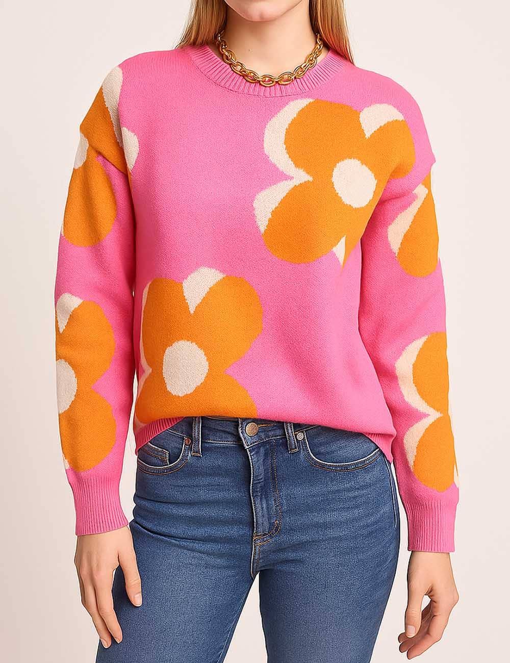 Sweetkama - Vente Pull en maille – femme - Pull tricoté à col rond à motif floral multicolore pour femmes2