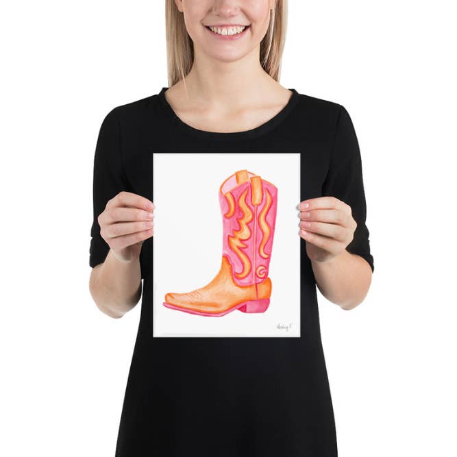 Shop Art by Audrey - Wholesale Art Print - Print Watercolor Hot Pink & Orange Cowboy Boot