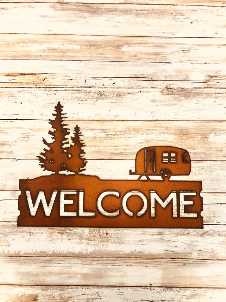 Camper Trailer and Double Pine Trees Horizontal Welcome Sign for wholesale by Universal Ironworks USA