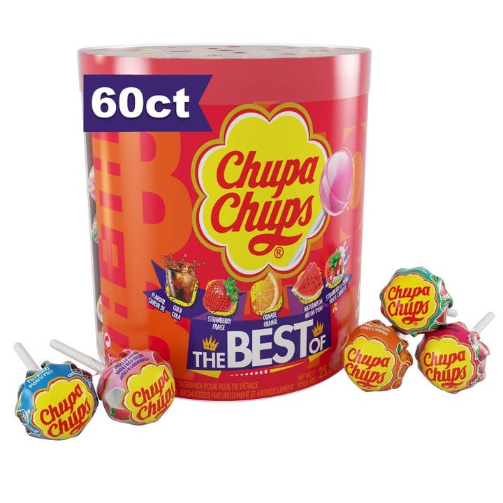 Chupa Chups ‘Best Of’ Lollipop Assortment, 5 Flavors, Individually Wrapped Candy for Kids, 25.3 Oz Drum (60 Suckers) for wholesale by EVA Group