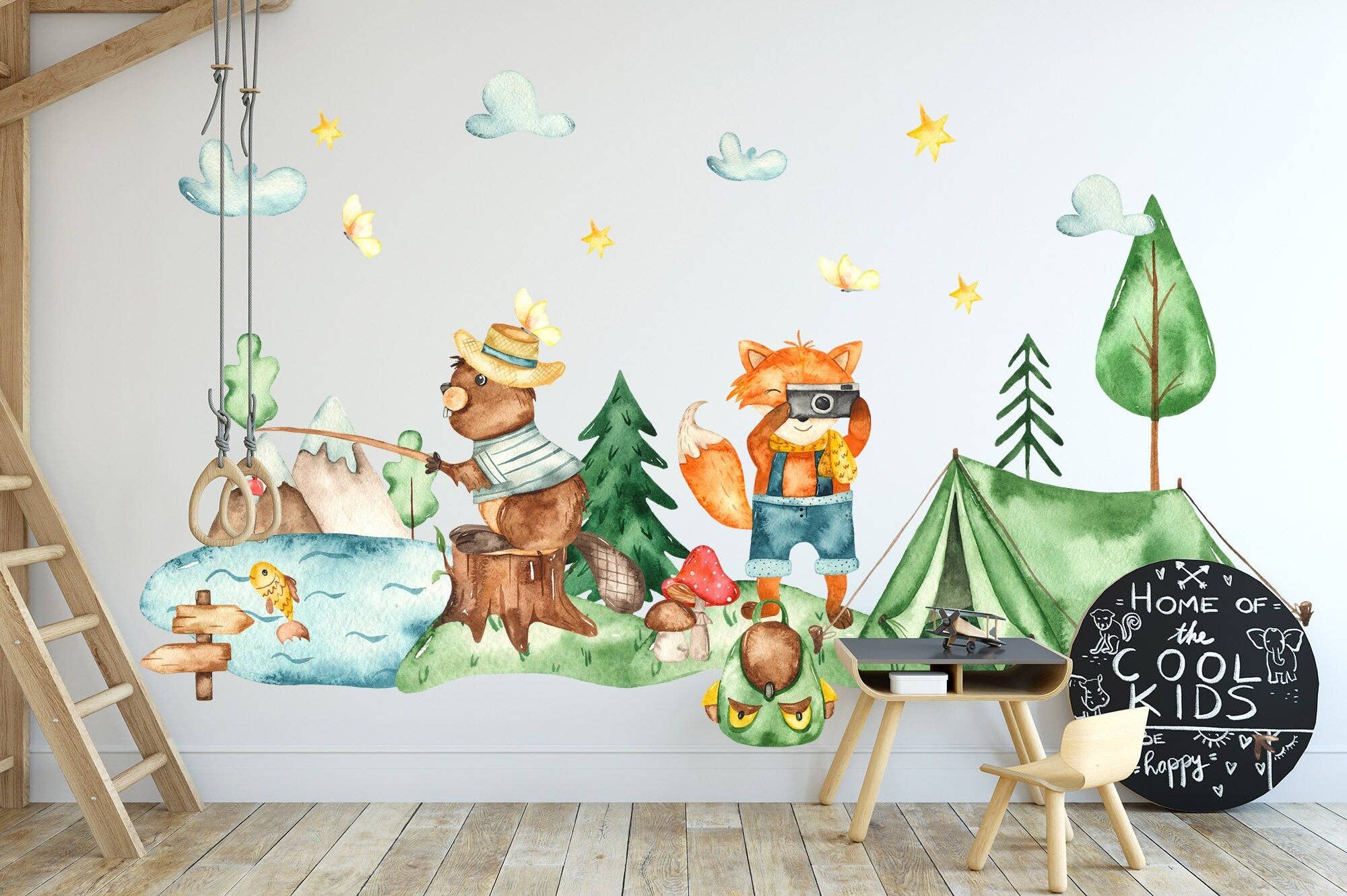 WallKoala - Vente Autocollant mural - Autocollant mural Campsite Adventures : pêche à l'ours, photographie de renards, tente de camping - BR0733