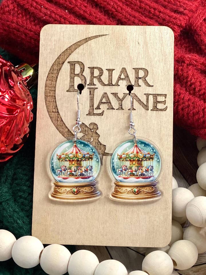 Vintage Carousel Snow Globe Christmas Earrings for wholesale by Briar layne