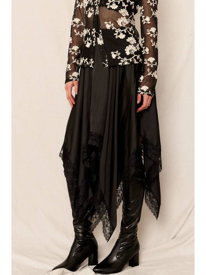Black Uneven Hem Lace Trim Midi Skirt for wholesale on Faire