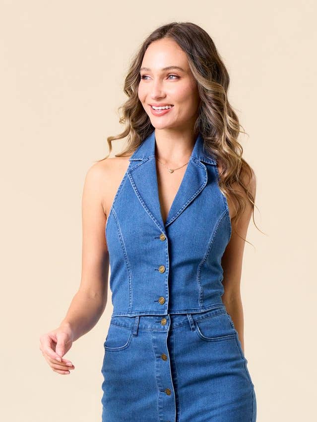 SIJ5382A MED. VASK HALTERNECK DENIMVEST (Kopi) for engroshandel hos Saints & Hearts