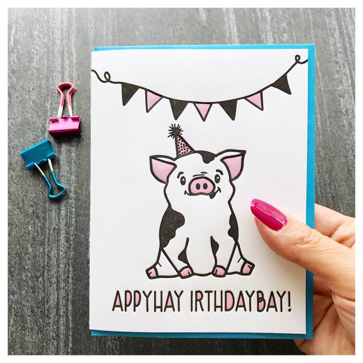 Kiss and Punch - Wholesale Birthday Card - Funny Pig Latin Birthday Letterpress Card1