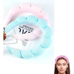 Spa headband for washing face and matching wrist strap, fuzzy skin