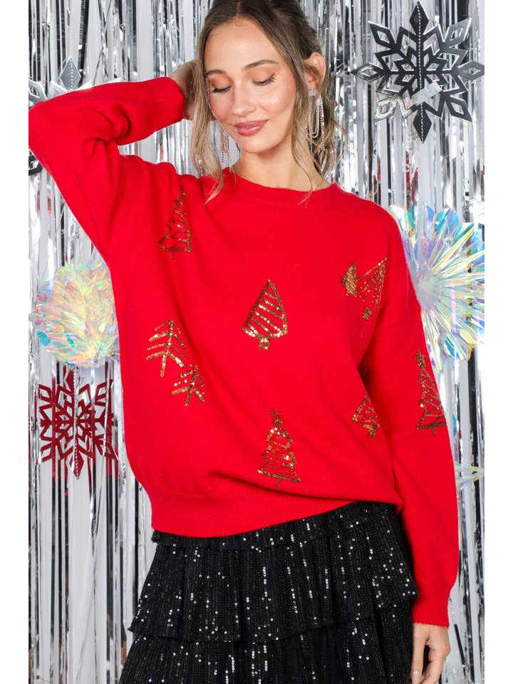 Vine & Love - Wholesale Knit Sweater - Women's - Gold Tree Sequin Accents Christmas Knitted Sweater VT827005