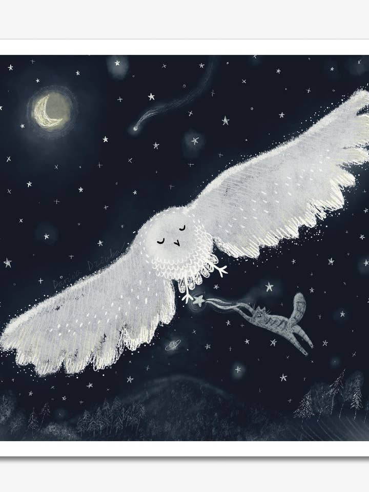 Oinramad konsttryck: Katt som stjäl stjärnor medan den rider på en uggla för wholesale av Dariia Dziuba