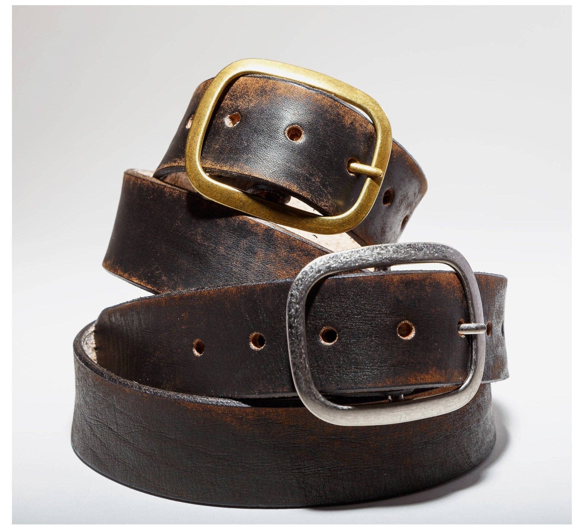 Regan Flegan - Wholesale Belt – Unisex - Vintage Distressed Black Brown Leather Belt with Antique Silver or Brass Buckle