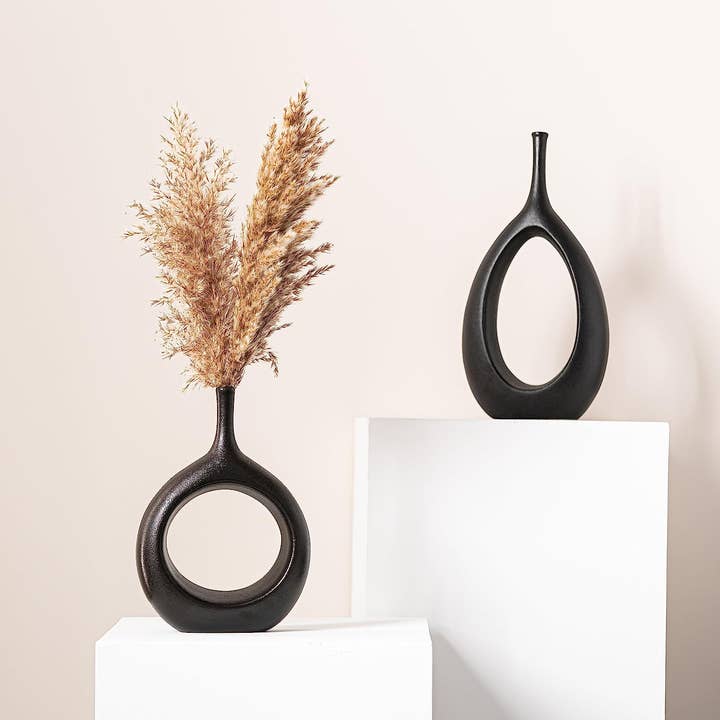Kimisty Designs – Vaso por atacado – Conjunto elegante 2 Vasos de Botão de Cerâmica Preta Modern Flower Vase Duo2