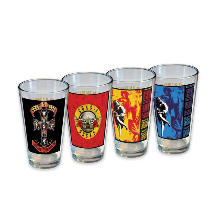 Guns N' Roses Drinking Glass Set (4-Pack / 16oz) for wholesale by AQUARIUS, GAMAGO, ICUP, & ROCK SAWS by NMR Brands