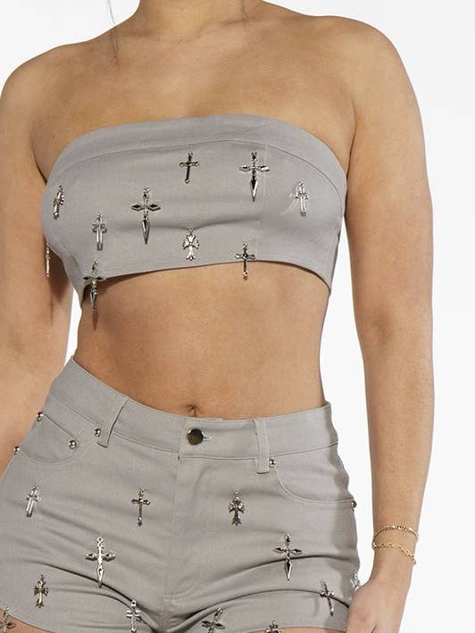 Cross Charm Embellished Bandeau and Mid-Rise Shorts Set for wholesale by Rehab Lab