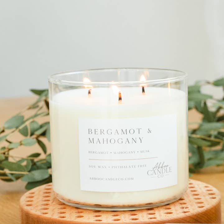 Bergamot and Mahogany 3-Wick Soy Candle for wholesale by Abboo Candle Co