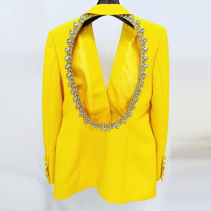 Xiomara Hollow Back Rhinestone Trim Yellow Long Blazer for wholesale on Faire4