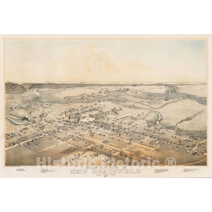 Historic 1881 Bird's Eye View Map Of New Braunfels, Texas for wholesale by Historic Pictoric