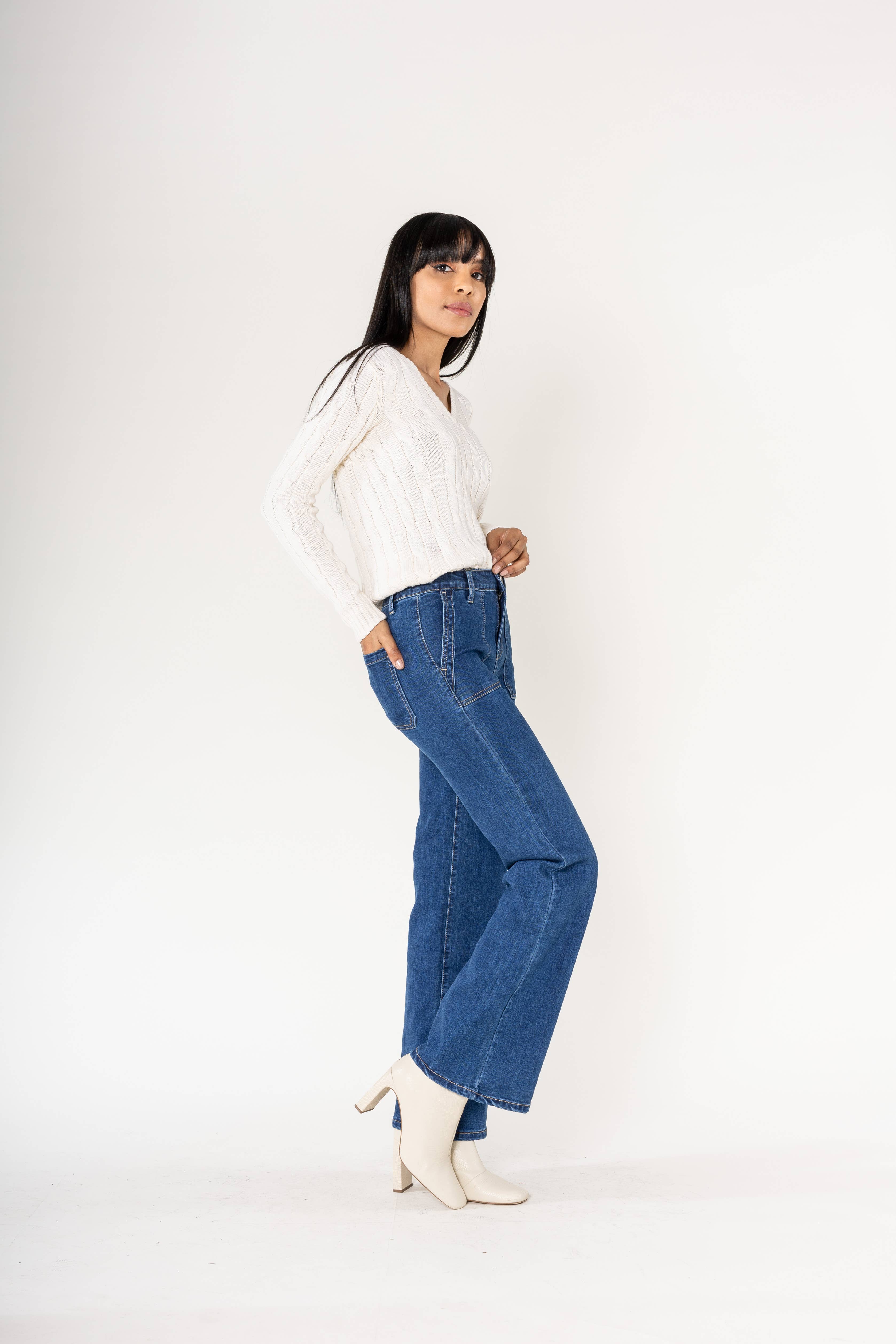 Nina Carter - Vendita all'ingrosso Jeans - Donna - Jeans svasati elasticizzati a vita alta larghi P12310