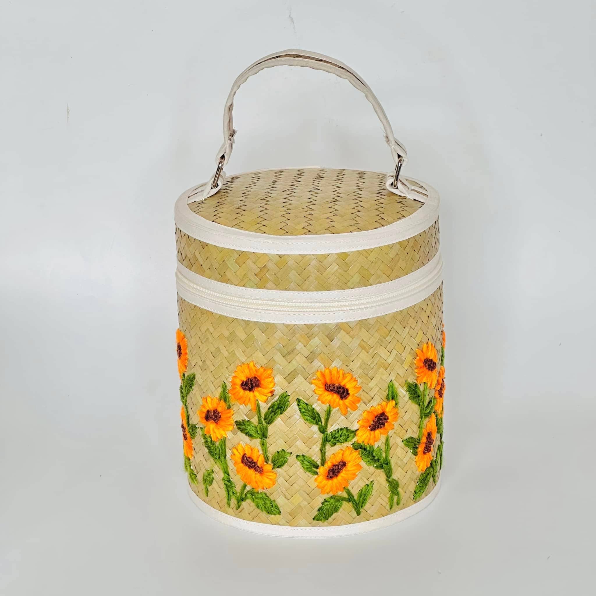 Beige & Co Thai Crafts - Wholesale Basket - Floral Garden Hand Embroidery on Natural Hand Woven Basket7