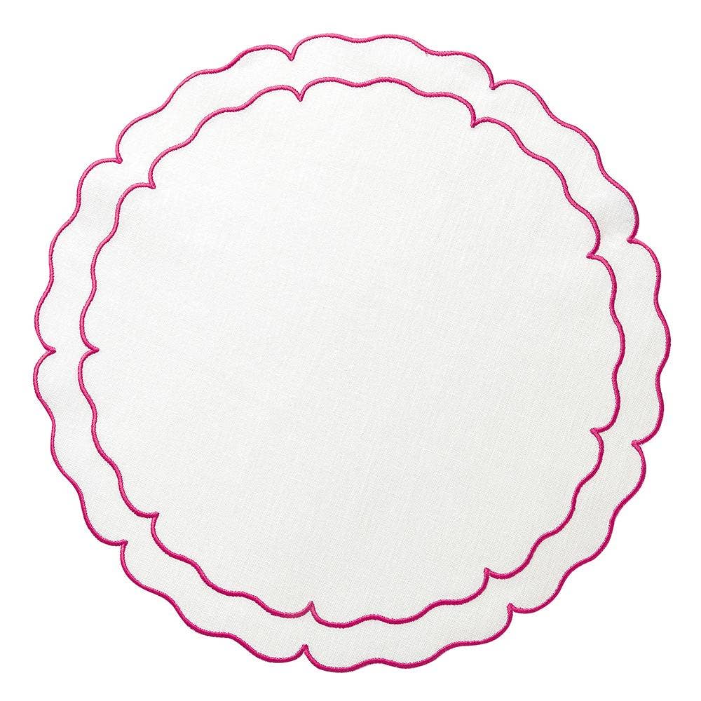 Skyros Designs - Wholesale Placemat - Linho Scalloped Round Placemat White / Fuchsia - Set of 20