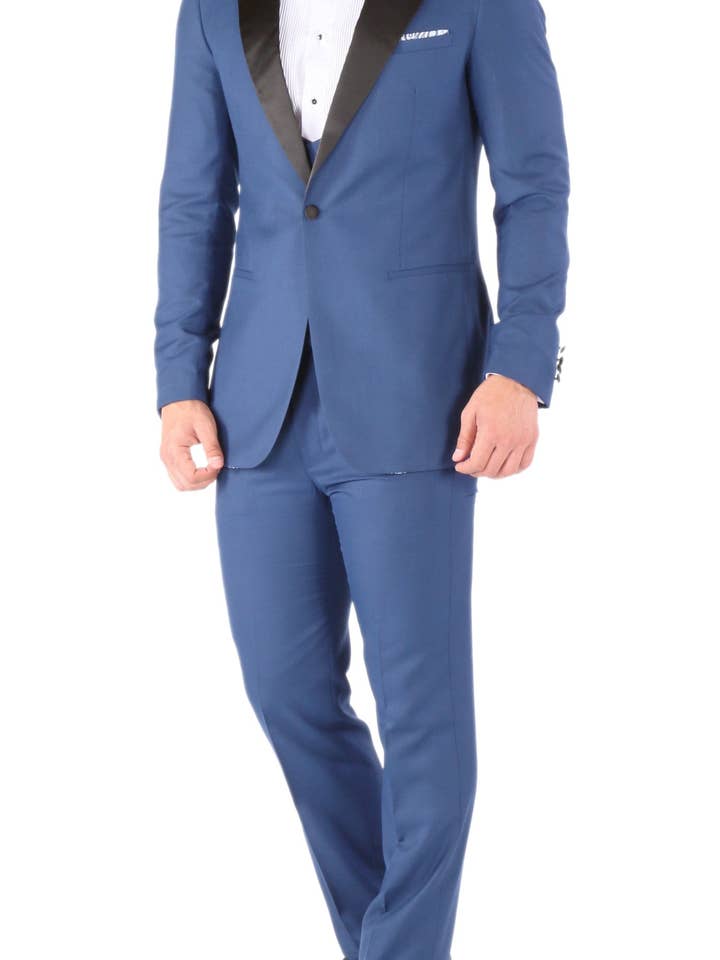 Luna costume 3 pièces ajusté bleu indigo à revers en pointe pour la vente par Ferrecci