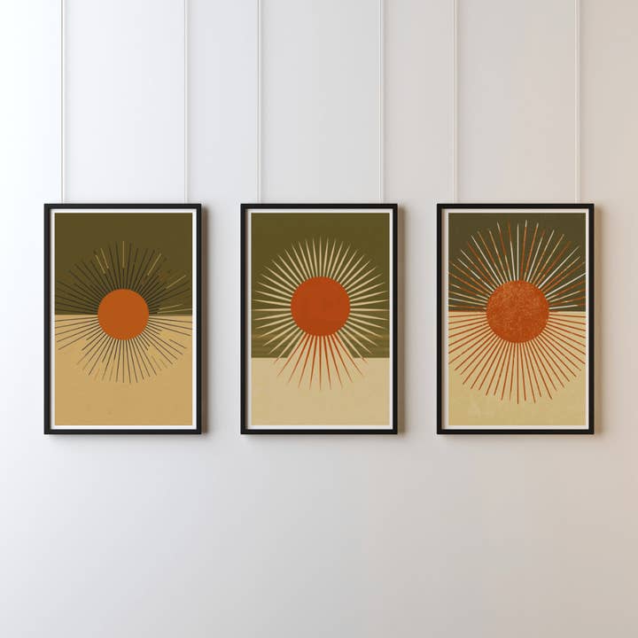 Set da 3 quadri boho – Poster A4 "Sunburst" Sole terracotta, stile Mid-Century per la vendita all'ingrosso da parte di LichtwegOnline