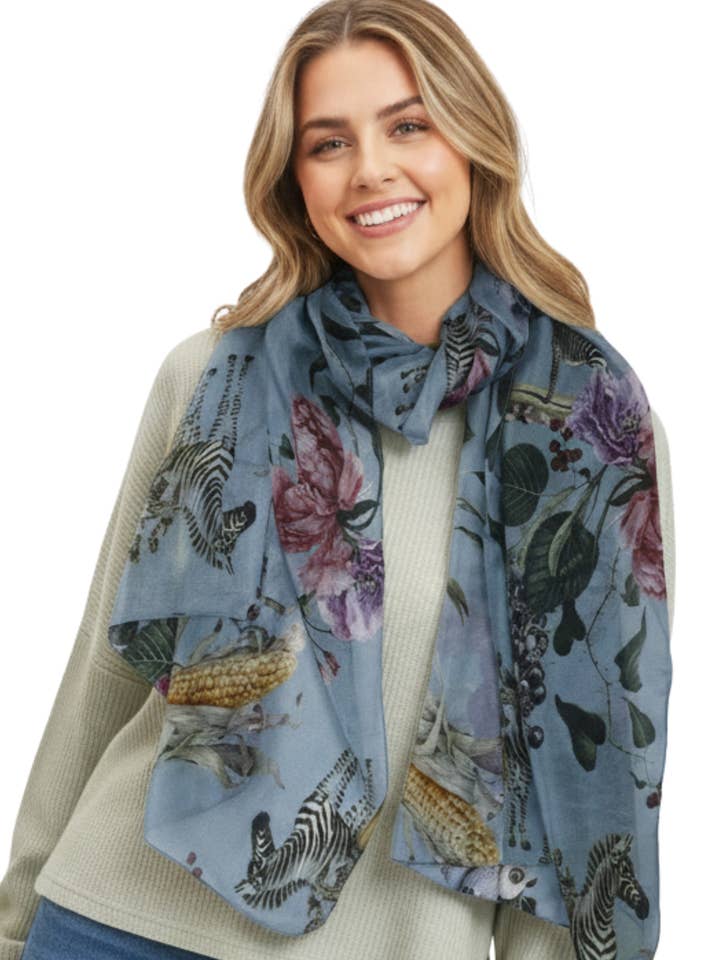 Savanna Bloom Botanical & Wildlife Scarf – Fine Merino Wool Designer Wrap | Blue Artistic Australian Coastal Print for wholesale by Namaskar Australia