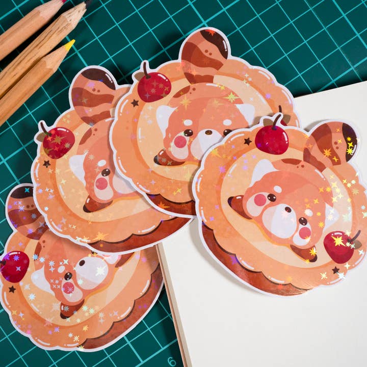 Notmehmehstudio – wholesale Klistermärke – Red Panda Egg Tart Holo Vinyl klistermärke