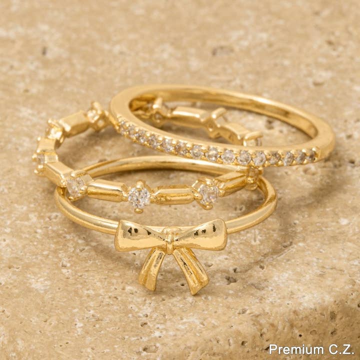 3 Piece Cz Studded Ribbon Bow Band Rings Set for wholesale by Anarchy Street