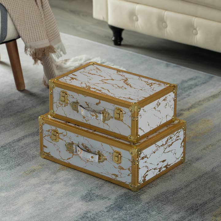 Quickway Imports – wholesale Decorative box – Set of 2 Luxury Marble White and Gold Hand Luggage Suitcase