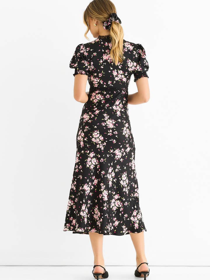 GINI LONDON - Vente Robe – femme - Robe midi biaisée noire à fleurs avec bordure en dentelle3