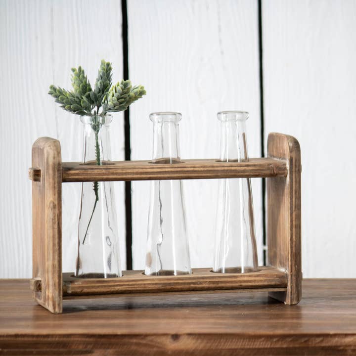 Nara 3 Glass Bud Vases in Natural Wood Stand for wholesale by Foreside Home & Garden