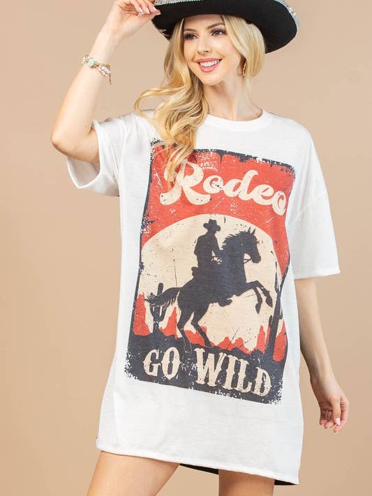 AV1202A-ROMY WESTERN RODEO GRAPHIC COLOR BLOCK T-SHIRT DRESS for wholesale by Avery