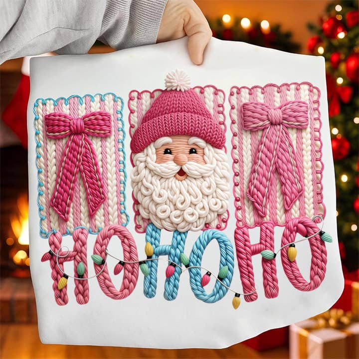 DLT Ecommerce - Wholesale T-shirt (graphic) – women's - Faux Yarn Santa Claus Shirt, Yarn Christmas Ho Ho Ho Sweater