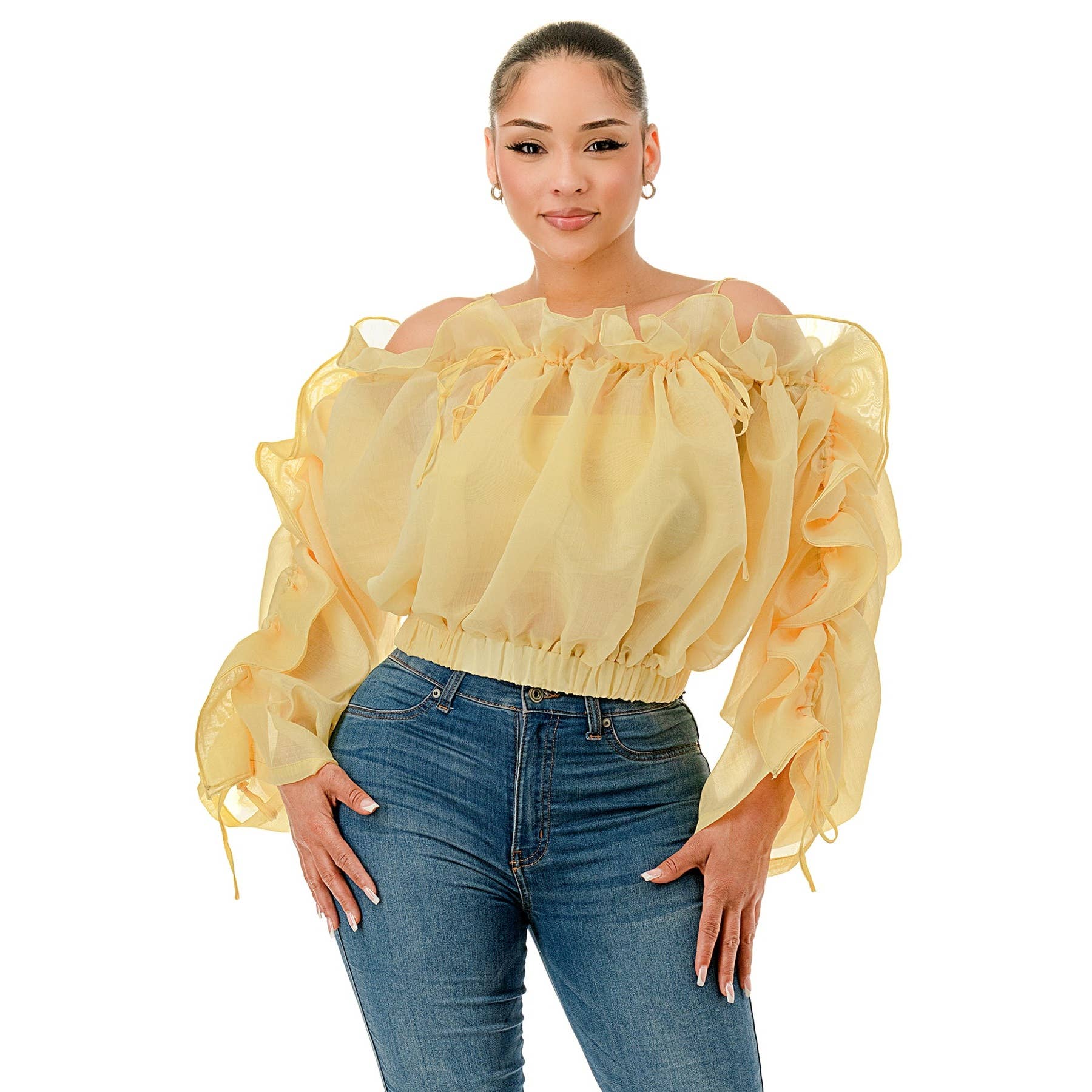 DORCAS - Wholesale Blouse - Women's - Plus Off the Shoulder Long Sleeve Ruffle Sheer Top3