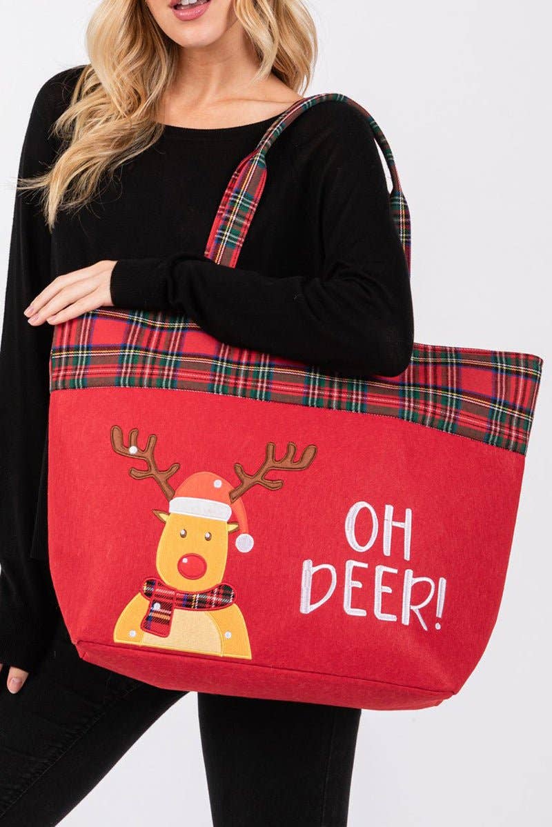 Wholesale Accessory Market - Wholesale Tote Bag - Women's - Oh Deer Red Plaid Christmas Tote Bag0