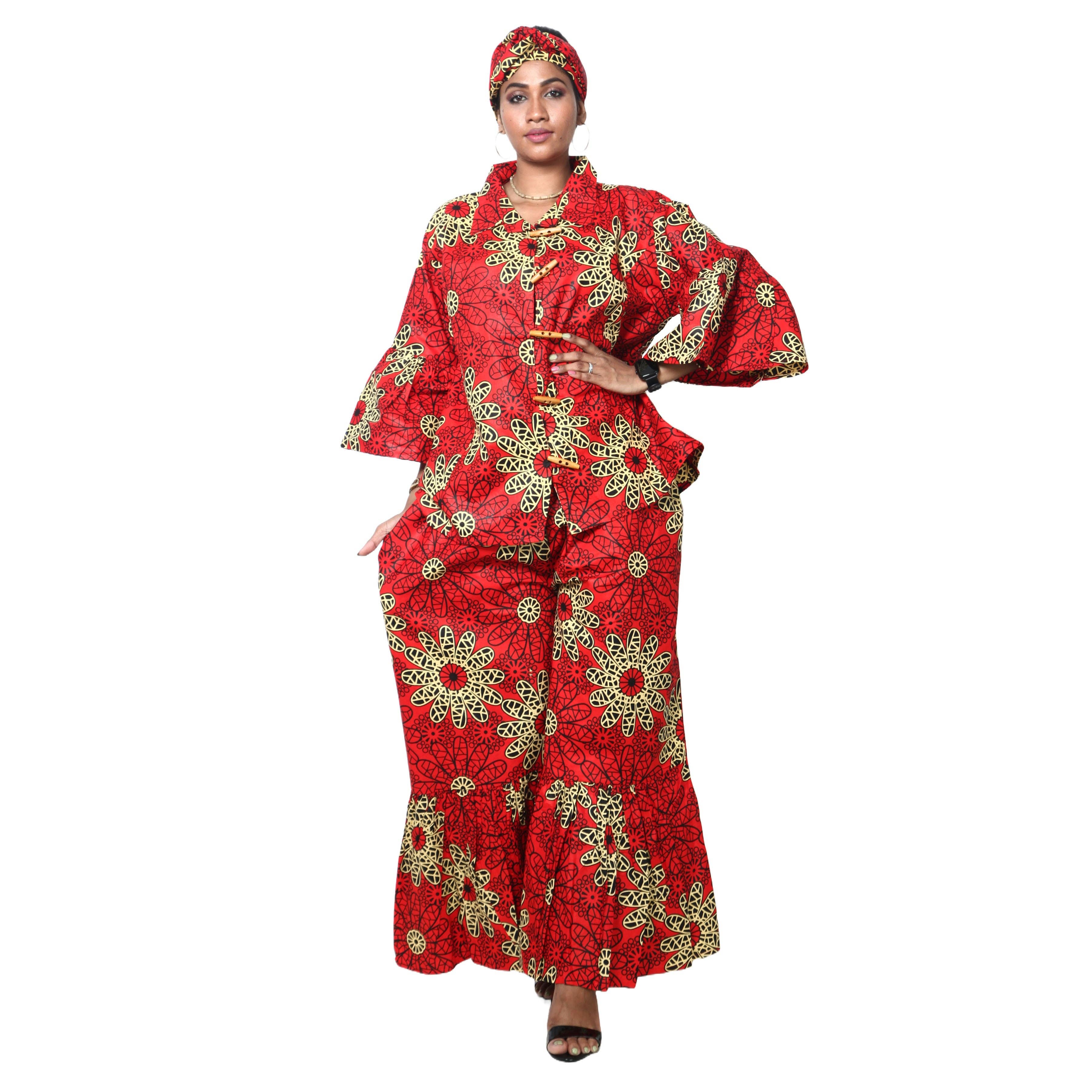 African Stars - Vente Ensemble haut et pantalon (PAS d'intérieur) - Femme - Ensemble Chemisier Femme et Pantalon Palazzo -- Imprimé FI-405021