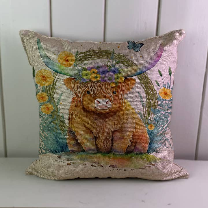 Highland Cow Spring flowers Art Linen Cushion Cover for wholesale by Hills Of Fabric