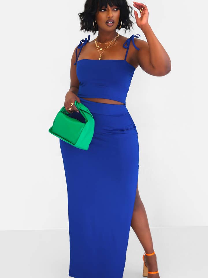 Hottie Tie Strap Crop Top & Thigh Slit Maxi Bodycon Skirt - Royal Blue for wholesale by REBDOLLS