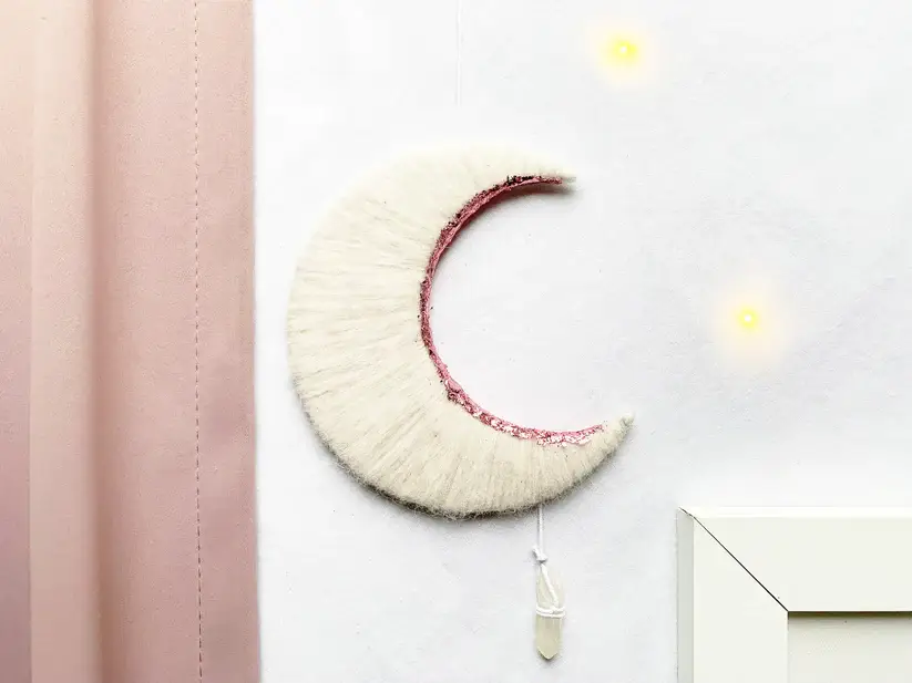 The Cosmic Workroom – wholesale Wall Accent – White & Pink Crescent Moon Wall with Crystal Quartz1