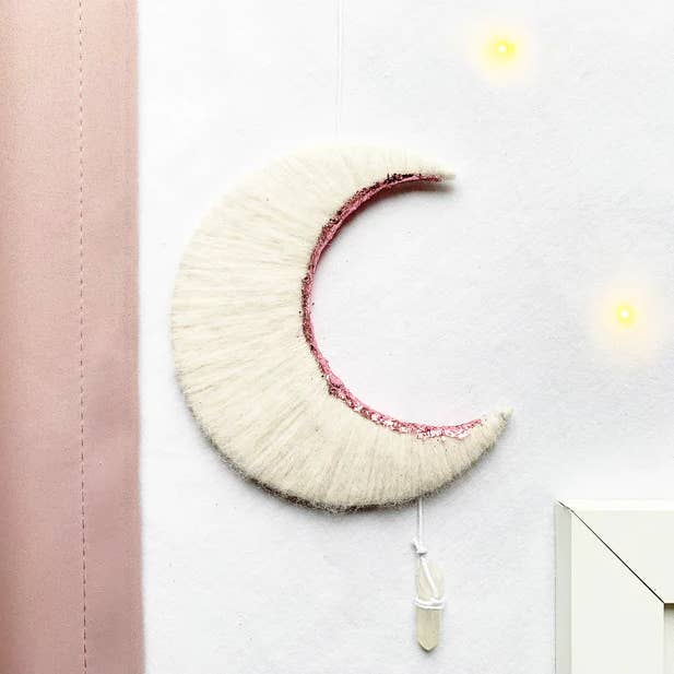 The Cosmic Workroom – wholesale Wall Accent – White & Pink Crescent Moon Wall with Crystal Quartz1