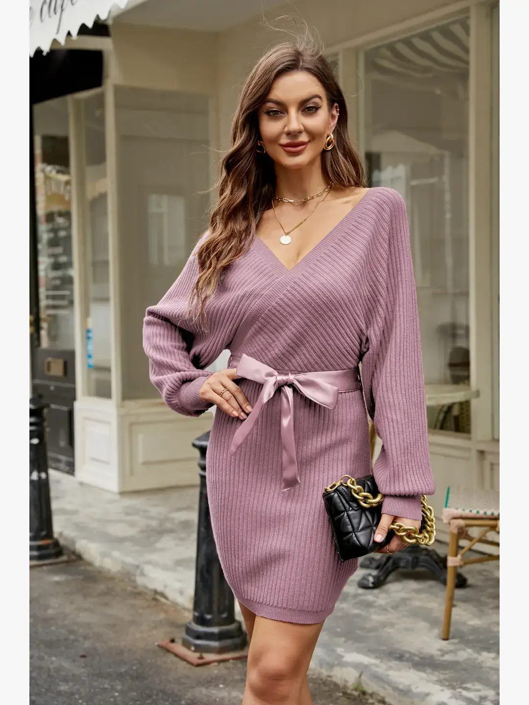 GEXWORLDWIDE – Engroshandel Kjole - Dame – Lang lanterneærme slank sweater omslagskjole akryl6