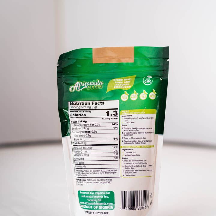 Africanada Imports Inc. – Engroshandel Protein-/superfoodpulver – Mælkebøtte rod pulver | 150g | Superfood | Resealable taske