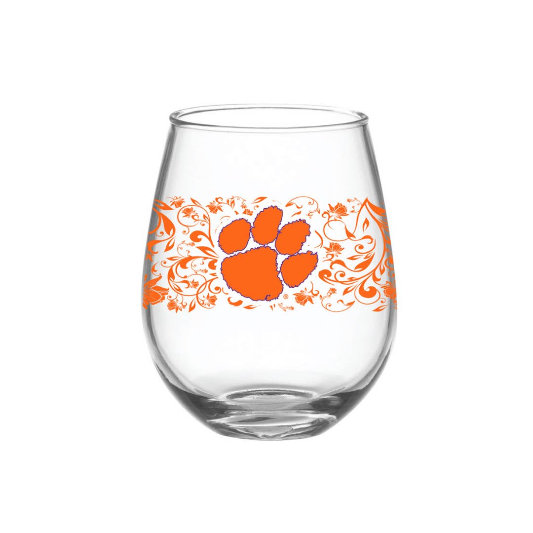 Indigo Falls - Wholesale Wine Glass - 15oz Clemson Tigers Floral Stemless Wine Glass