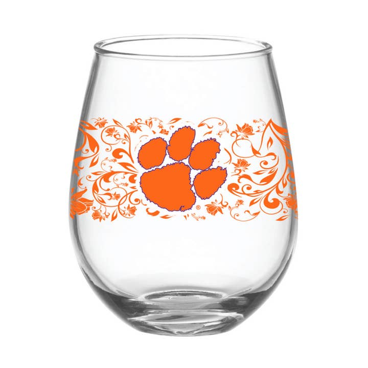 Indigo Falls - Wholesale Wine Glass - 15oz Clemson Tigers Floral Stemless Wine Glass0