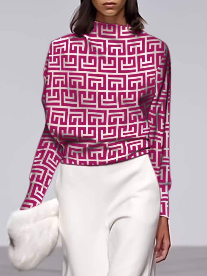 BLACK Long Sleeves Loose Geometric Printed Stand Collar T-Shirts Tops for wholesale on Faire